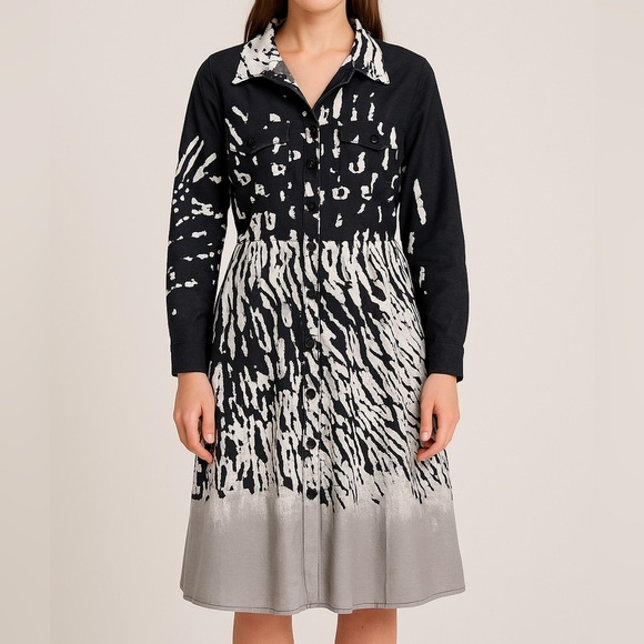 Samuel Dong Black And White Abstract Midi Button Down Dress - Picture 1 of 11